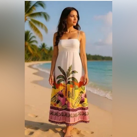 Anthropologie pink palm maxi dress resortwear boho beachyfeminine romantic